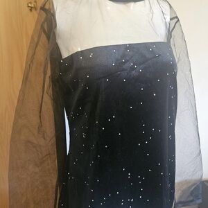 Elegant Black Sheer Sleeve Dress-Holidays Coming